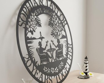 Custom Beach Couple Metal Sign,Personalized Anniversary Wall Plaque,Metal Tropical Scene Metal Art,Tropical Couple Silhouette Decor,Wall Art