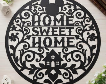 Round Floral Home Sweet Home Metal Sign,Cartoon Mouse Vine Scroll Wall Decor,Circular Magic Cottage Entry Decor,Quote Floral House Wall Art