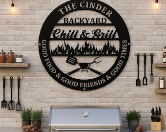 Custom Backyard Grill Metal Sign,Personalized Flame BBQ Utensil Wall Sign,Metal Chill & Grill Patio Outdoor Decor,Family Backyard BBQ Sign