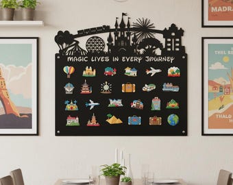 Metal World Travel Magnet Board,Travel Magnet Display Board,Theme Park Skyline Magnetic Board,Castle Silhouette Magnet Board,Theme Park Sign