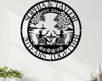 Custom Beach Couple Metal Sign,Personalized Anniversary Wall Plaque,Metal Tropical Scene Metal Art,Tropical Couple Silhouette Decor,Wall Art