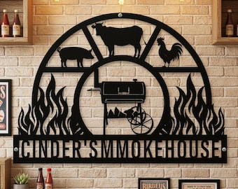 Custom Name Smokehouse BBQ Metal Sign,Cow Pig Chicken Flame Grill Wall Sign,Backyard Barbecue Decor,Smokehouse Grill Wall Sign,BBQ Wall Sign