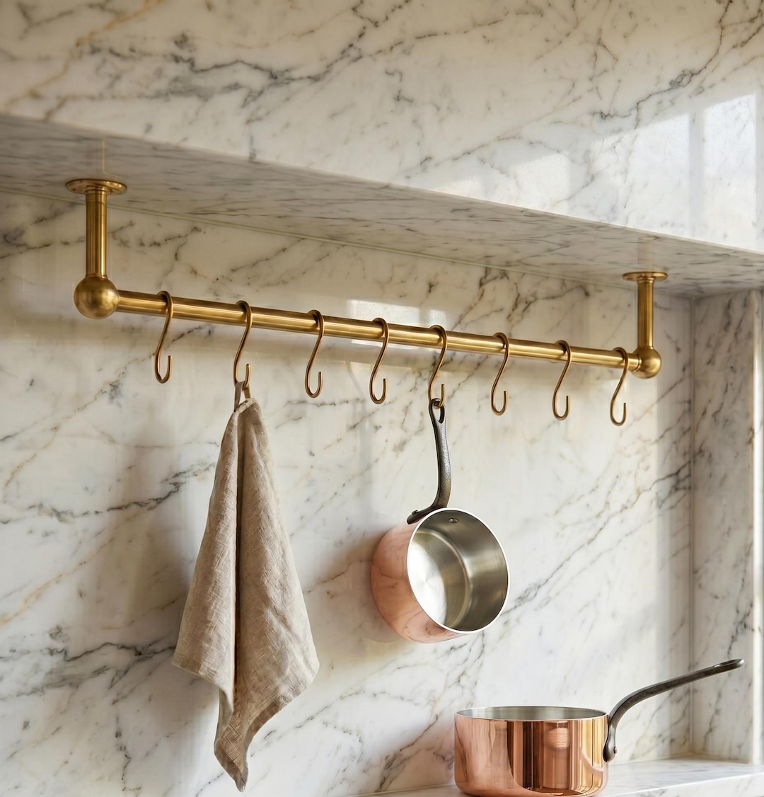 Solid Brass Kitchen Rail With S-hooks, Pot Hanger, Wall Mount Utensil ...