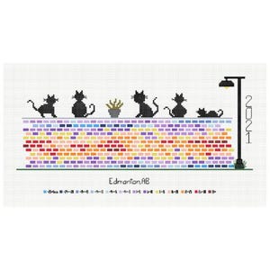 Può includere: Uno schema a punto croce con sei sagome di gatti neri e una piccola pianta in vaso su un muro di mattoni multicolore. A destra si trova un lampione nero con l'anno 2021. Il testo riporta Edmonton, AB con una legenda dei colori sotto.