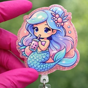 Mermaid Boba Badge Reel | Glitter Pastel Kawaii Ocean Holder