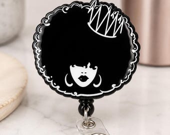 Afro Queen Badge Reel | Natural Hair ID Holder | Melanin Nurse Clip