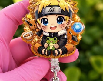 Chibi Anime Ninja Abzeichen Rolle | Orange Glitter Harz Ausweishalter, Kawaii Frosch Anhänger