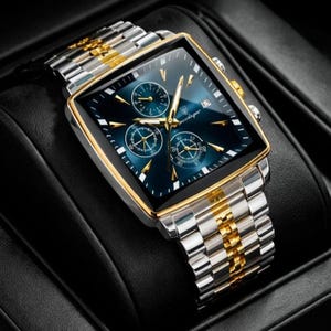 Montre carrée de luxe pour homme : chronographe en or et argent, acier inoxydable, calendrier à quartz