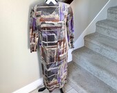Vintage 1990s Velvet Geometric Intersecting Lines Trippy Psychedelic Minimalism Boxes Print Dress Sz M