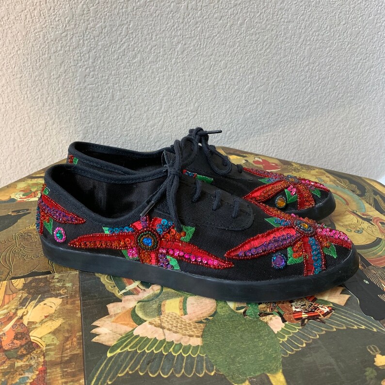 Vintage 1990s One Step Up by Chinese Laundry Rainbow Floral Sequin Boho Trippy Hippie Shoes Sz 8 US