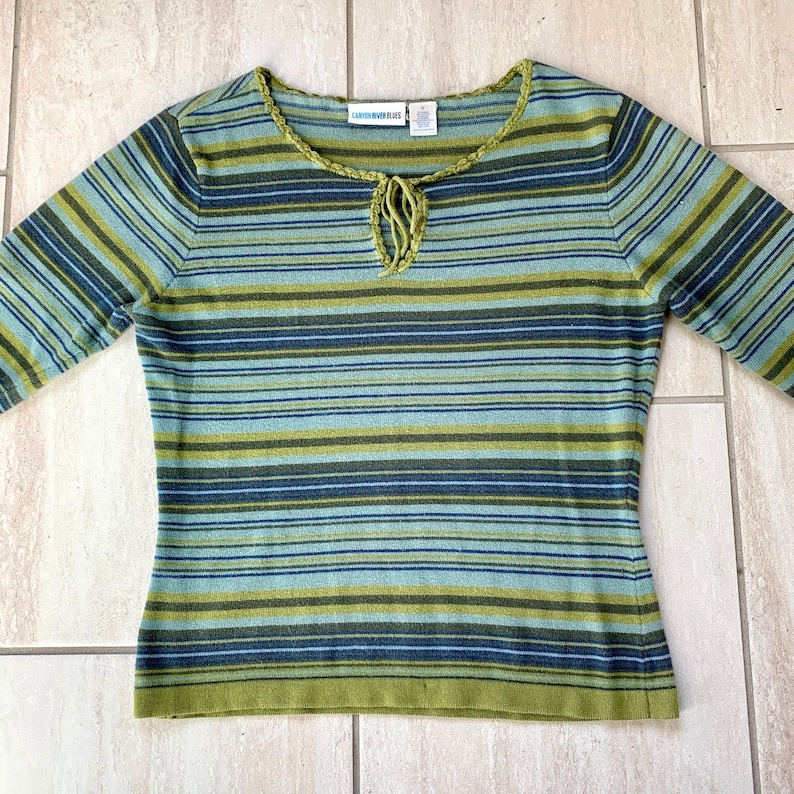 Vintage 1990s Lime Green Blue Horizontal Stripe Grunge Hippie Hipster Retro Sweater Sz M