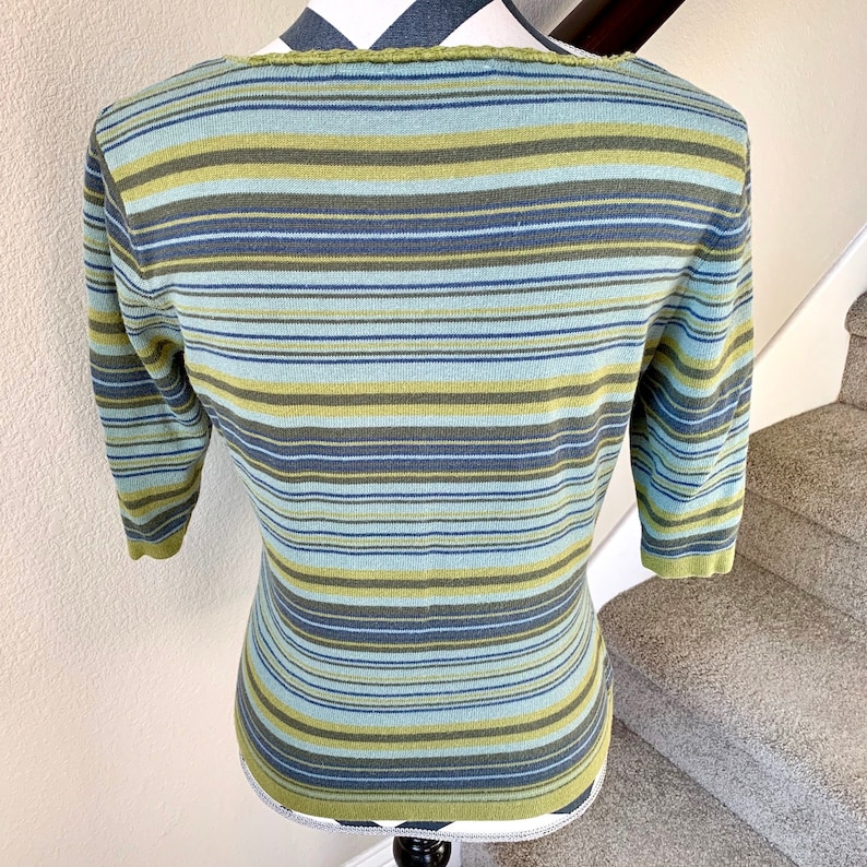 Vintage 1990s Lime Green Blue Horizontal Stripe Grunge Hippie Hipster Retro Sweater Sz M