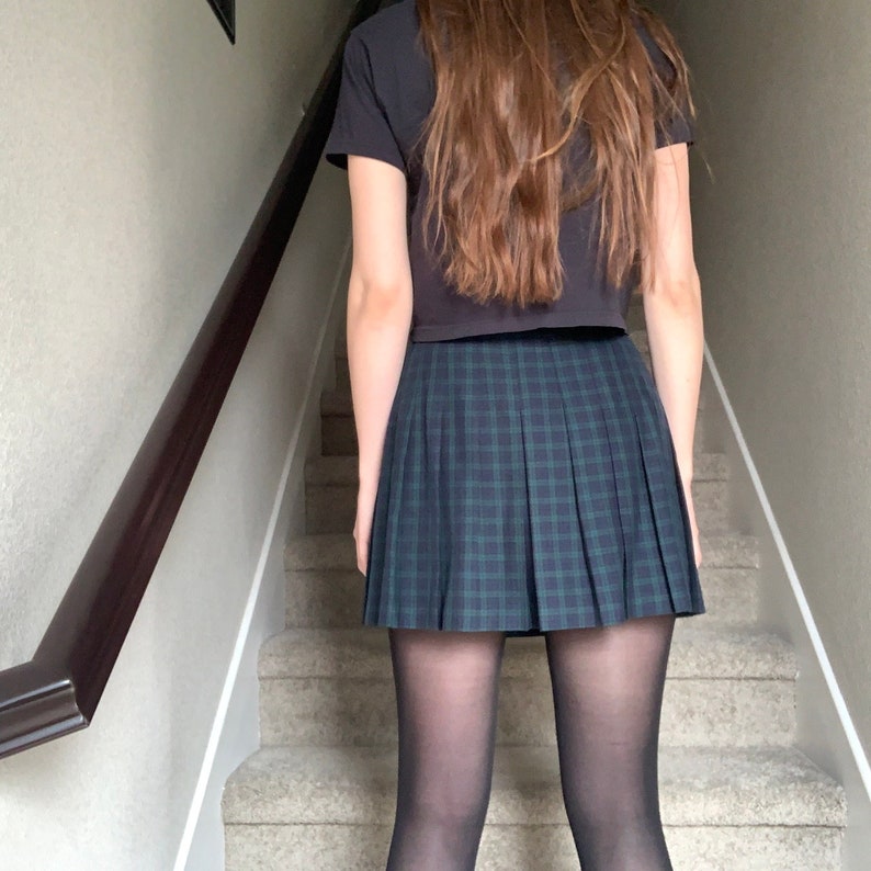 Vintage 1990s Blue Green Plaid Boxes Schoolgirl Kawaii Grunge Punk Uniform Mini Skirt Sz 5 US