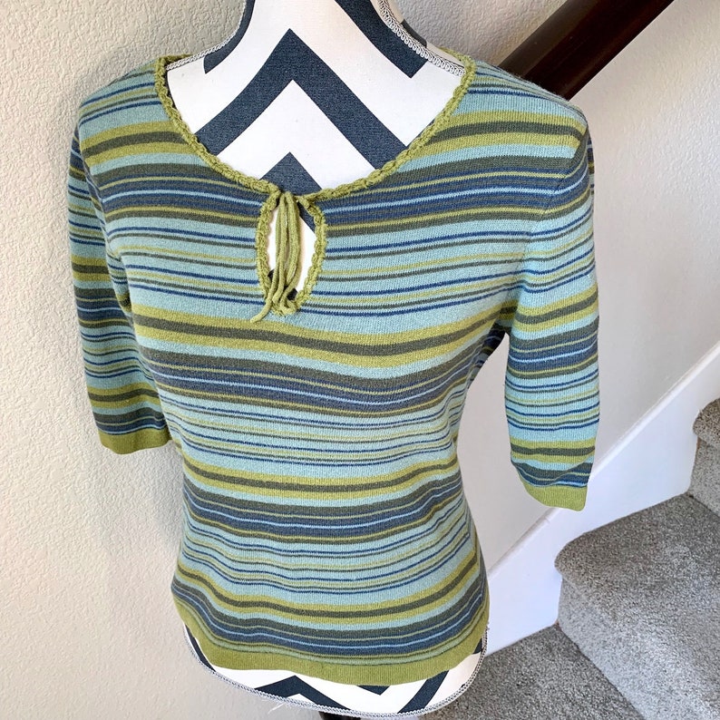 Vintage 1990s Lime Green Blue Horizontal Stripe Grunge Hippie Hipster Retro Sweater Sz M