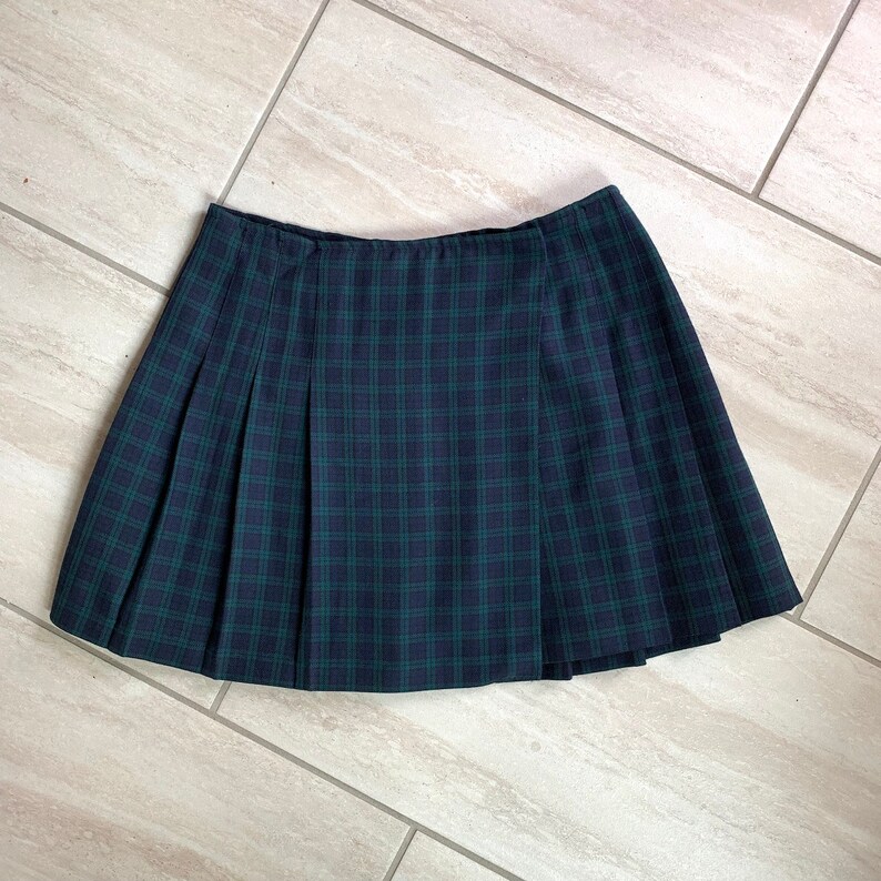 Vintage 1990s Blue Green Plaid Boxes Schoolgirl Kawaii Grunge Punk Uniform Mini Skirt Sz 5 US