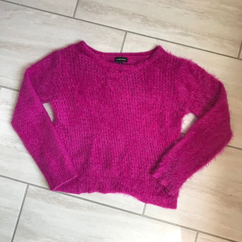 Vintage 1990s Hot Pink Fluffy Fuzzy Hippie Psychedelic Kawaii Retro Pin Up Girl Sweater Sz L