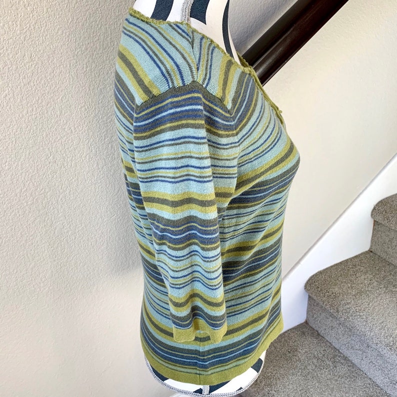 Vintage 1990s Lime Green Blue Horizontal Stripe Grunge Hippie Hipster Retro Sweater Sz M