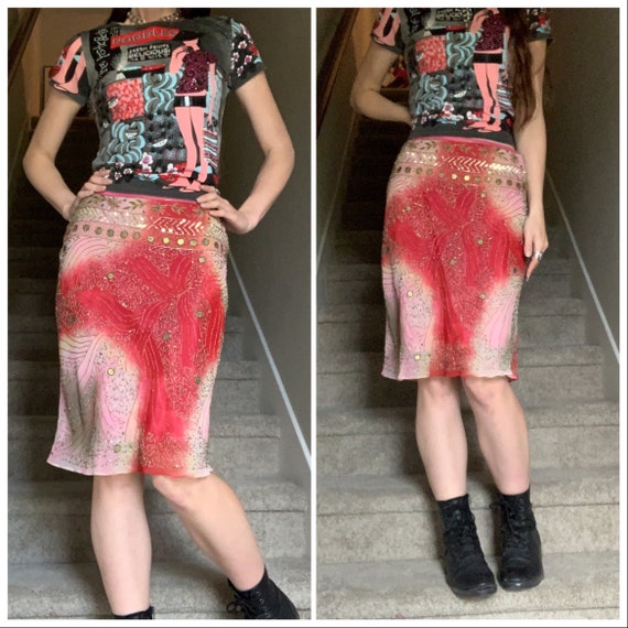 Vintage 1990s Pink Red Beaded Boho Psychedelic Tri