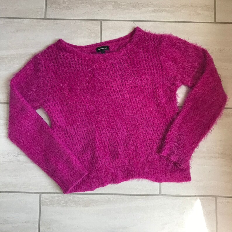 Vintage 1990s Hot Pink Fluffy Fuzzy Hippie Psychedelic Kawaii Retro Pin Up Girl Sweater Sz L