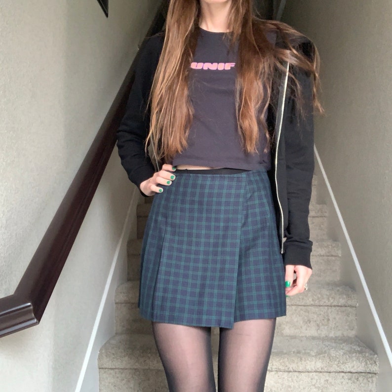 Vintage 1990s Blue Green Plaid Boxes Schoolgirl Kawaii Grunge Punk Uniform Mini Skirt Sz 5 US