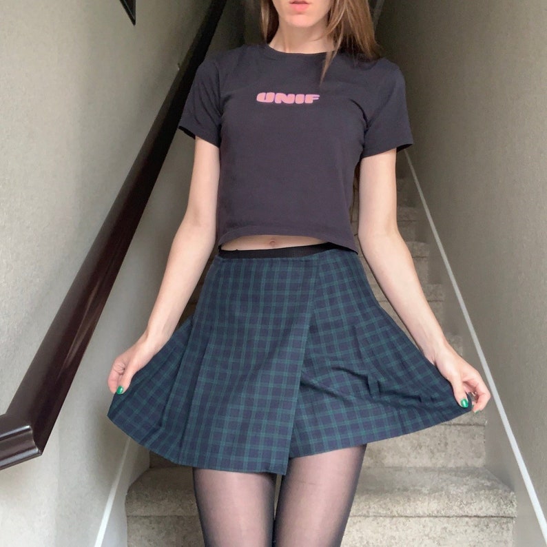 Vintage 1990s Blue Green Plaid Boxes Schoolgirl Kawaii Grunge Punk Uniform Mini Skirt Sz 5 US