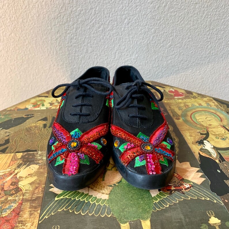 Vintage 1990s One Step Up by Chinese Laundry Rainbow Floral Sequin Boho Trippy Hippie Shoes Sz 8 US