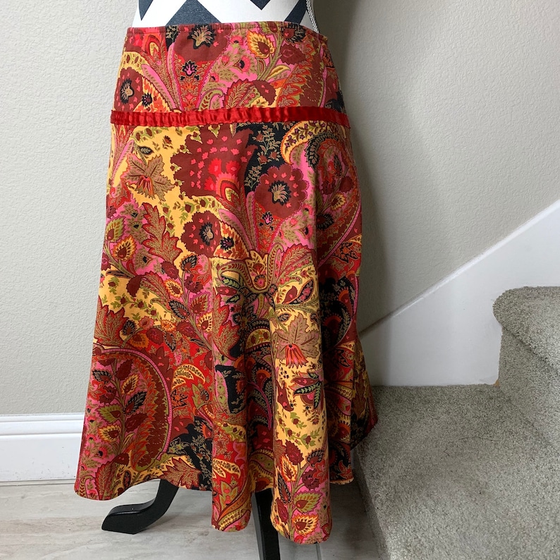Vintage 1990s Red Yellow Psychedelic Paisley Boho Trippy Gypsy Floral Kaleidoscope Print Skirt Sz M