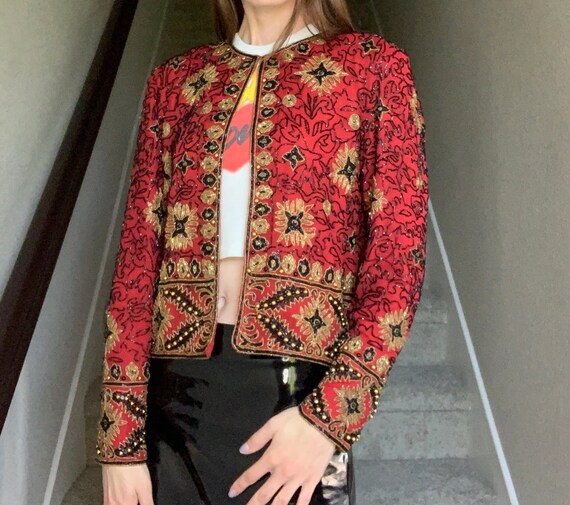 Vintage 1994 Red Gold Black Sequin Beaded Detail F