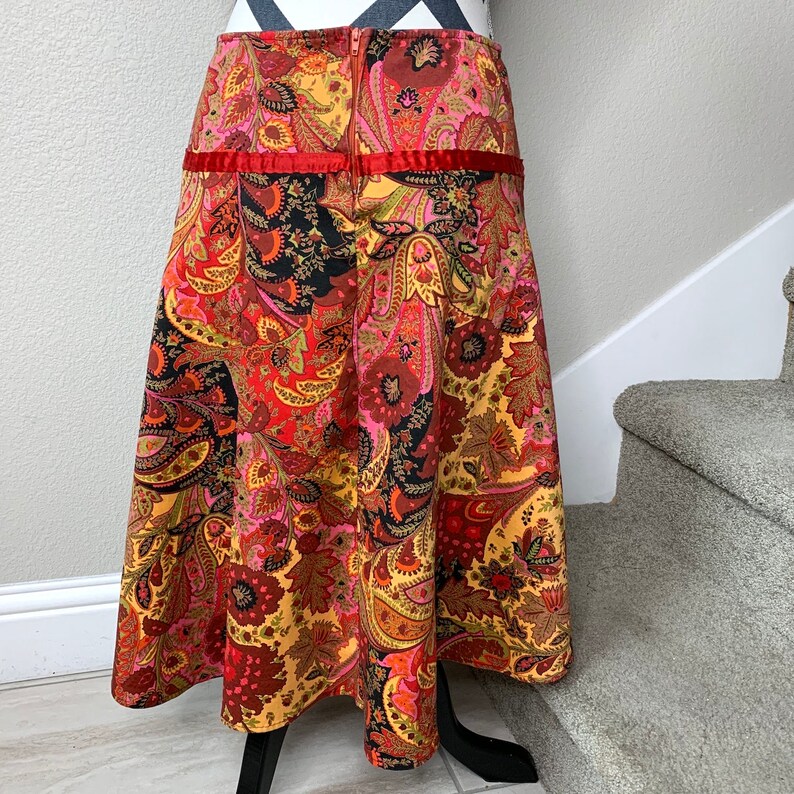 Vintage 1990s Red Yellow Psychedelic Paisley Boho Trippy Gypsy Floral Kaleidoscope Print Skirt Sz M