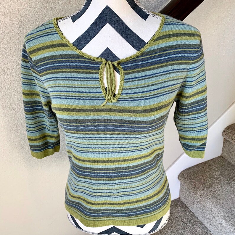 Vintage 1990s Lime Green Blue Horizontal Stripe Grunge Hippie Hipster Retro Sweater Sz M