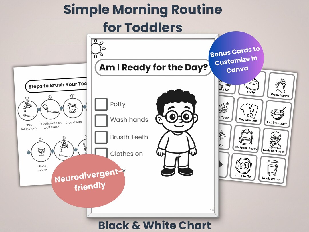 Morning Routine First Then Visual Black and White Morning Routine Chart | Printable Kids Schedule ...