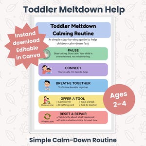 May include: A printable guide titled "Toddler Meltdown Calming Routine" with a step-by-step approach to help children calm down. The guide includes steps like "Pause," "Connect," "Breathe Together," "Offer a Tool," and "Reset & Repair." The guide is for ages 2-4.