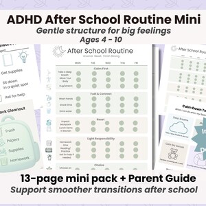 以下が含まれることがあります： 4～10歳のお子様向けの、印刷可能な放課後ルーティンガイドのコレクション。宿題、バックパックの片付け、落ち着かせるツールなどのチェックリストが含まれています。「ADHD After School Routine Mini」と「Instant PDF Download」の文字があります。