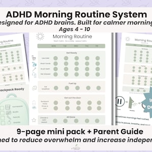 Op de afbeelding: ADHD ochtendroutine systeem voor kinderen van 4-10 jaar. De afbeelding toont een mini-pakket van 9 pagina's met een ouderhandleiding. De tekst bevat checklists voor "Ochtendroutine" en "Klaar voor de rugzak".