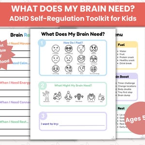 May include: A printable ADHD self-regulation toolkit for kids featuring three pages with the title What Does My Brain Need. The pages include sections for identifying feelings with emojis, choosing brain needs like movement or rest, and a menu for fuel.