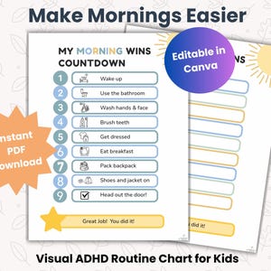 ADHD-morgonrutindiagram för barn | Visuellt schema utskrivbart | ADHD-rutinchecklista | Daglig rutintavla för barn