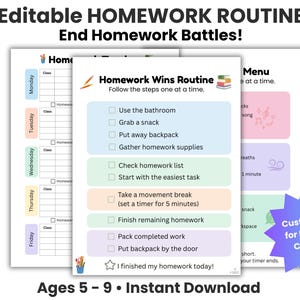 Hausaufgaben Routine Checkliste für Kinder | ADHD Hausaufgaben Printable | Nach der Schule Routine Chart | Visueller Hausaufgaben-Plan | Brain-Break-Menü