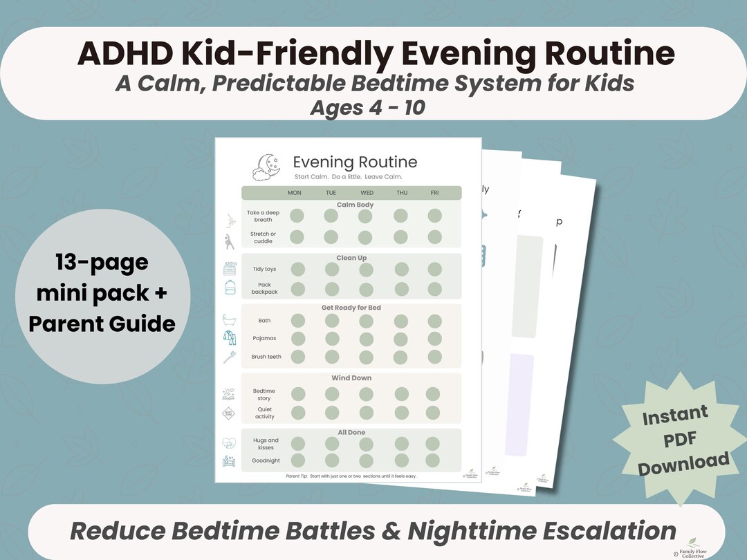 ADHD Evening Routine Printable | Bedtime Visual Schedule for Kids ...