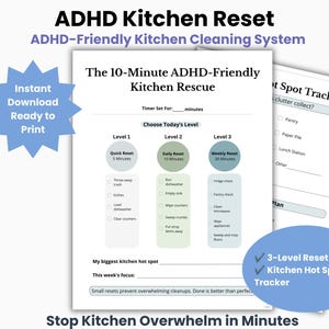 Könnte beinhalten: Ein druckbares ADHD Kitchen Reset System mit dem Leitfaden The 10-Minute ADHD-Friendly Kitchen Rescue, das drei Stufen für Reinigungsaufgaben, ein Timer-Feld und einen Hot Spot Tracker enthält. Das Dokument bietet Checkboxen und Notizfelder.