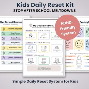 Könnte beinhalten: Drei gerahmte Drucke mit Text und Illustrationen für ein tägliches Reset-Kit für Kinder. Die Drucke umfassen eine Nachmittagsroutine, ein Dopamin-Menü und eine Gefühlstabelle. Das Kit soll Kindern helfen, Emotionen und Verhaltensweisen zu bewältigen.
