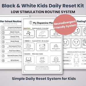 Könnte beinhalten: Schwarz-weiß-Druckvorlage für ein tägliches Reset-Kit für Kinder. Enthält Nachmittagsroutinen, ein Dopamin-Menü und Gefühlstabellen. Mit dem Text "Neurodivergent Friendly System" und "Simple Daily Reset System for Kids".