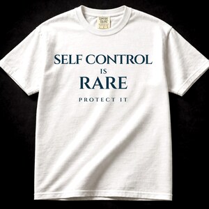Könnte beinhalten: Weißes T-Shirt mit dem marineblauen Text "SELF CONTROL IS RARE PROTECT IT". Das Shirt hat einen Rundhalsausschnitt und kurze Ärmel. Das Markenetikett ist oben sichtbar.