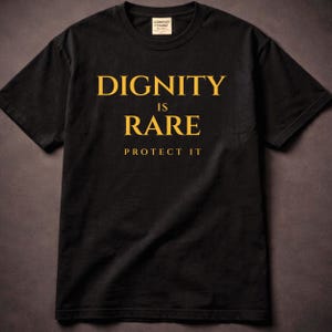 May include: Black t-shirt with the words "DIGNITY IS RARE PROTECT IT" printed in gold. The shirt has a crew neck and short sleeves. The shirt is made of a soft material.