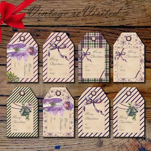 Noël vintage Femme Imprimable Gift Tags Purple Plaid Snowflakes Bows Stripes Carte postale Graphique