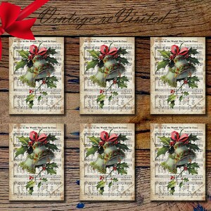 Joy to the World Gift Tag Hymn Christmas Red Ribbon Vintage Postcard Collage Digital Download Clipart Graphic vs0050