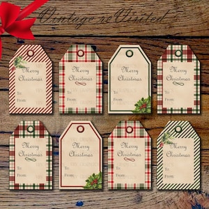 Étiquettes-cadeau imprimables à l'ancienne de Noël à carreaux rouge et vert à rayures baies de houx pour carte postale graphique
