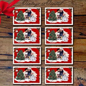 Vintage Chubby Cheek Crianças em pé ao redor da árvore de Natal Presente Pendure Tag Colagem Cartão postal para impressão Download instantâneo Gráfico de clipart