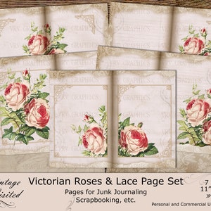 Victorian Roses & Lace Bouquet vintage Lined Unlined Paper Set Junk Journal Pages Scrapbooking Ephemera Instant Digital Download Imprimable