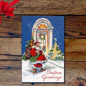 Saco de Papai Noel cheio de brinquedos parados na porta Cartão postal de Natal para envio de coisas efêmeras Download digital instantâneo para impressão Clipart pc0003