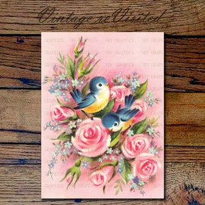 Cute Bluebirds Shabby Pink Roses Flowers Instant Digital Download Vintage Card Ephemera Printable Graphic vs0005